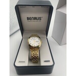 Benrus Mens Gold Tone Calendar Watch Stretch With Box Never Worn Silver Face